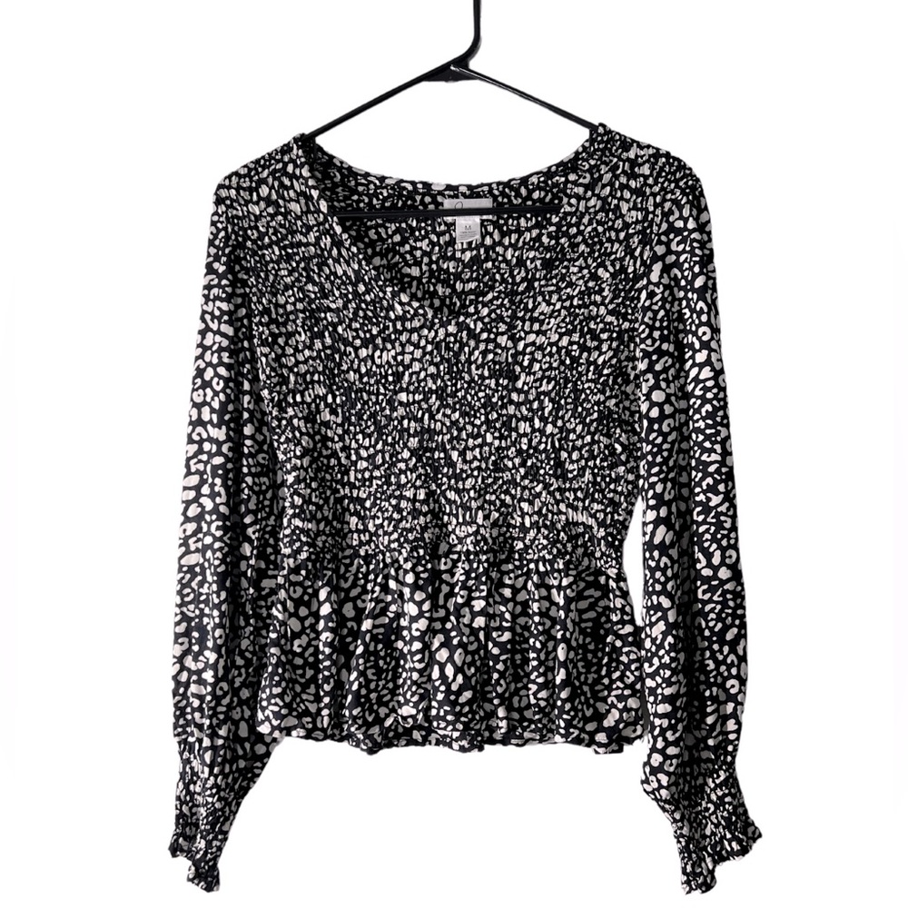 Japna Black & White Smocked Long Sleeve Top